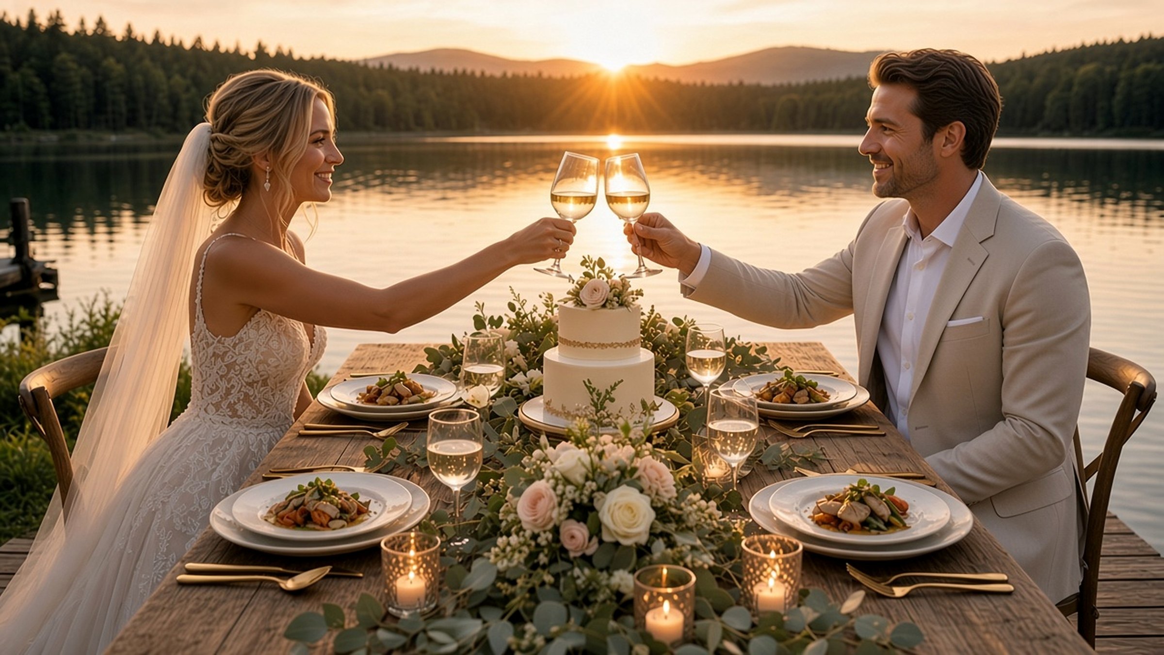 Bride and groom toasting on the dock at golden hour.