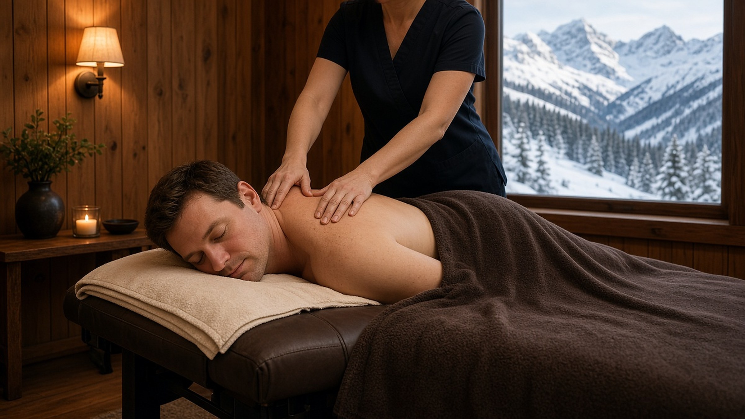 Man resting through a shoulder massage, snowy peaks in the window.