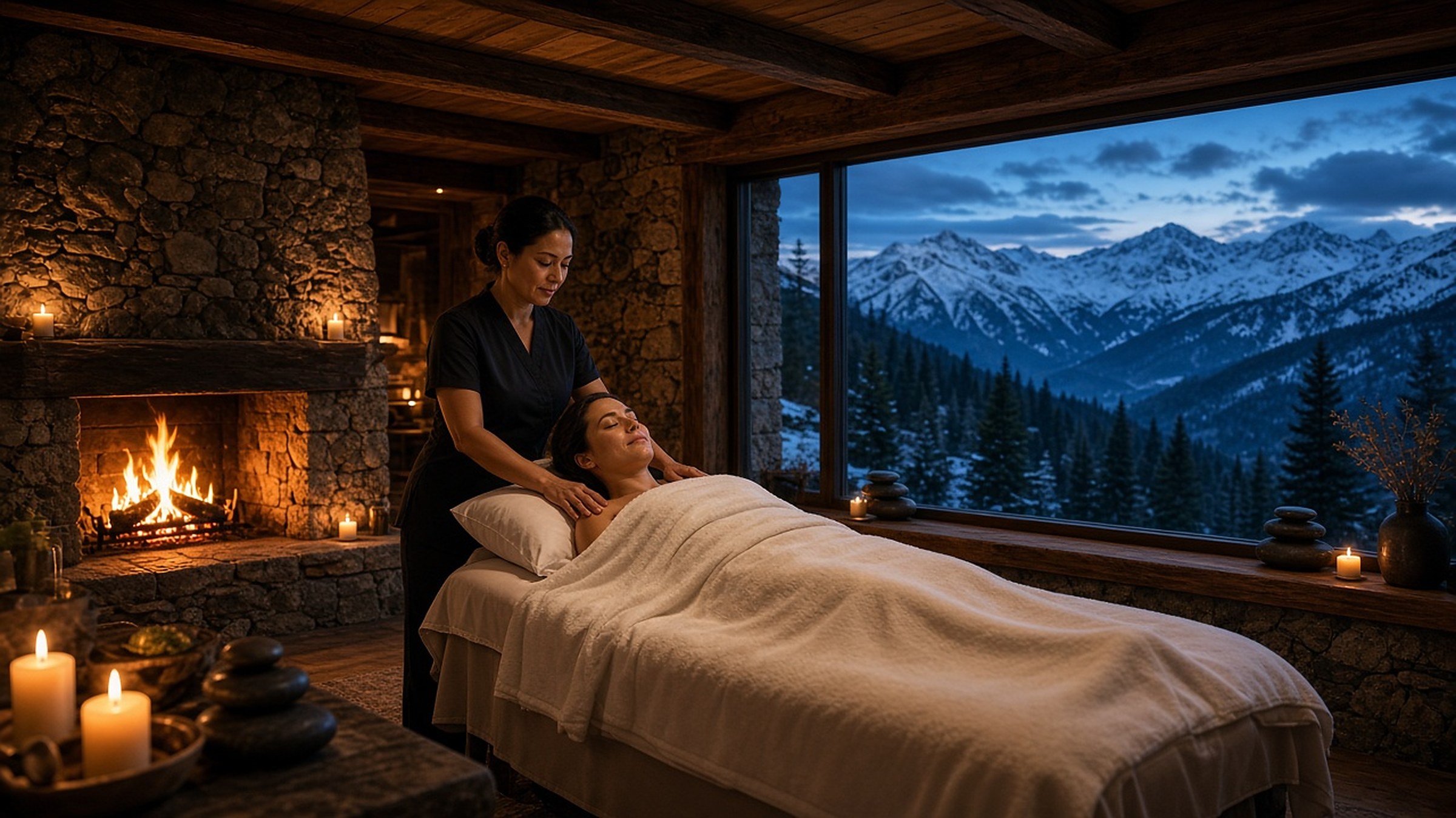 Therapist with a resting guest by a stone fireplace, mountains through a wide window.