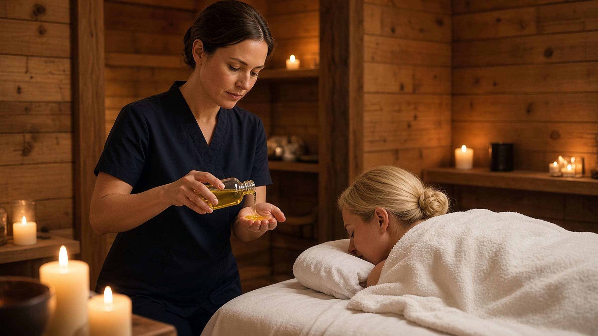 Frame 1: therapist warming oil in her hands beside a resting guest.