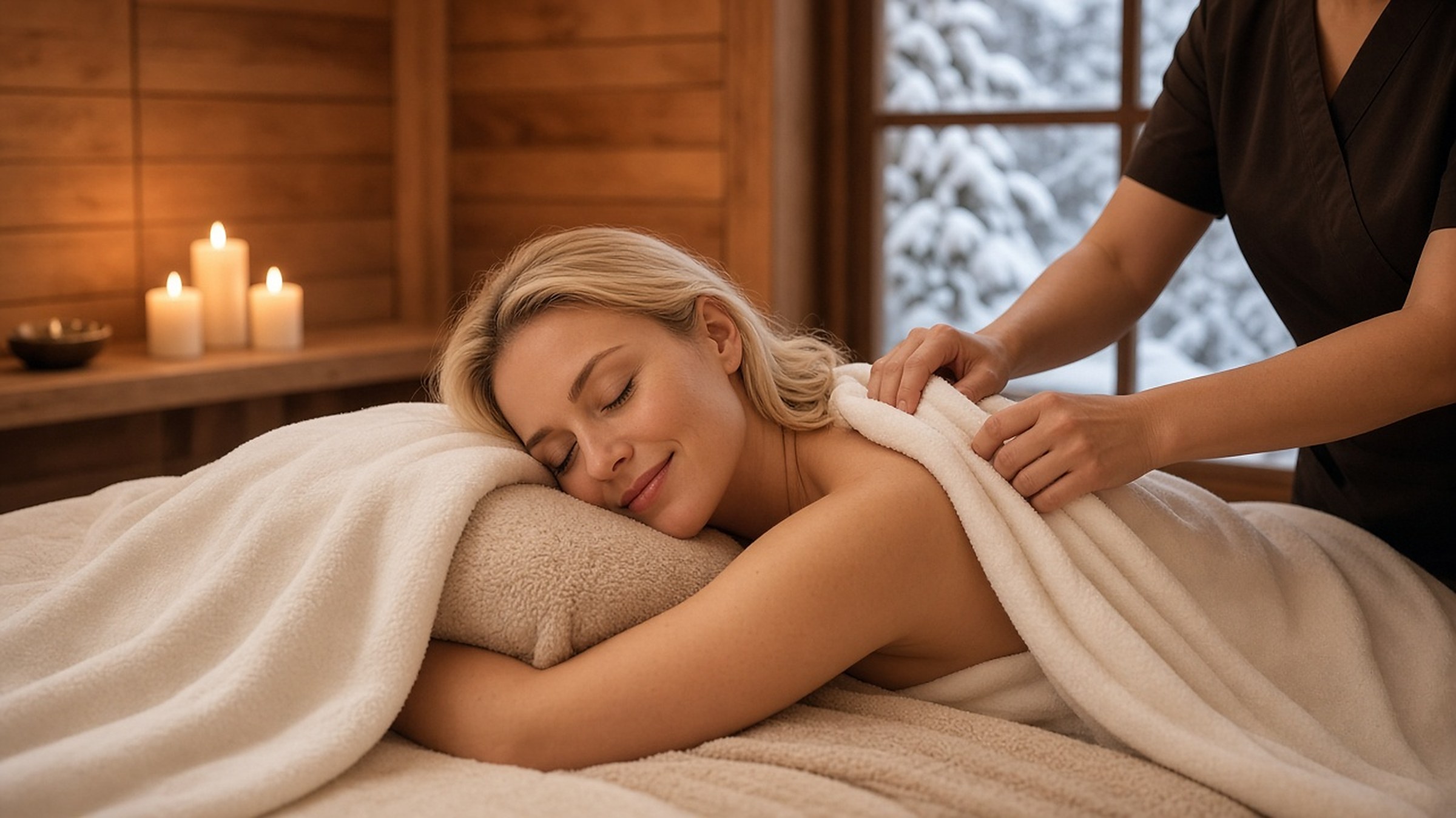 Frame 3: guest resting with a smile as hands settle on her shoulder.