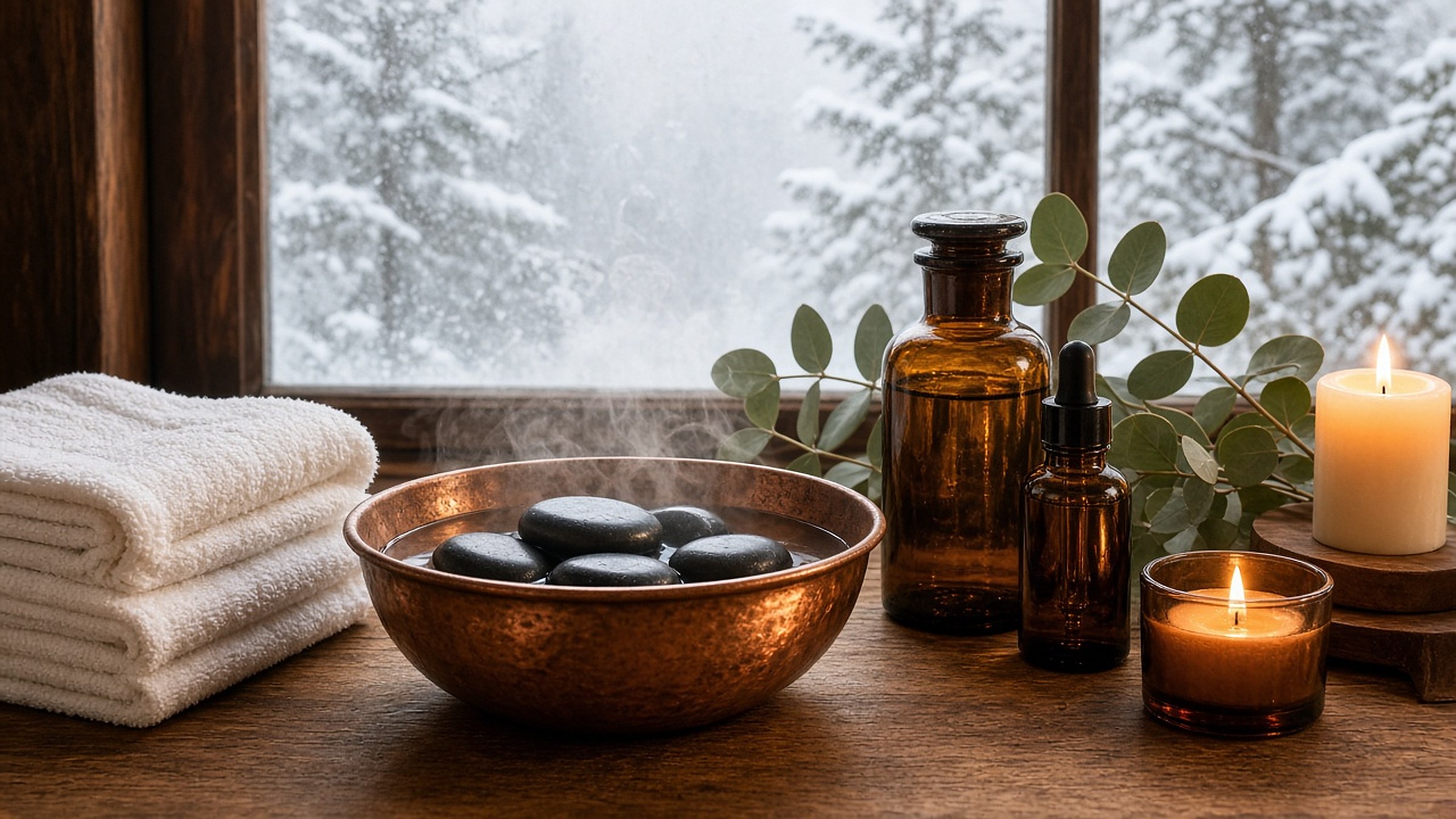 Frame 2: warm stones in a copper bowl with towels and candles by a snowy window.