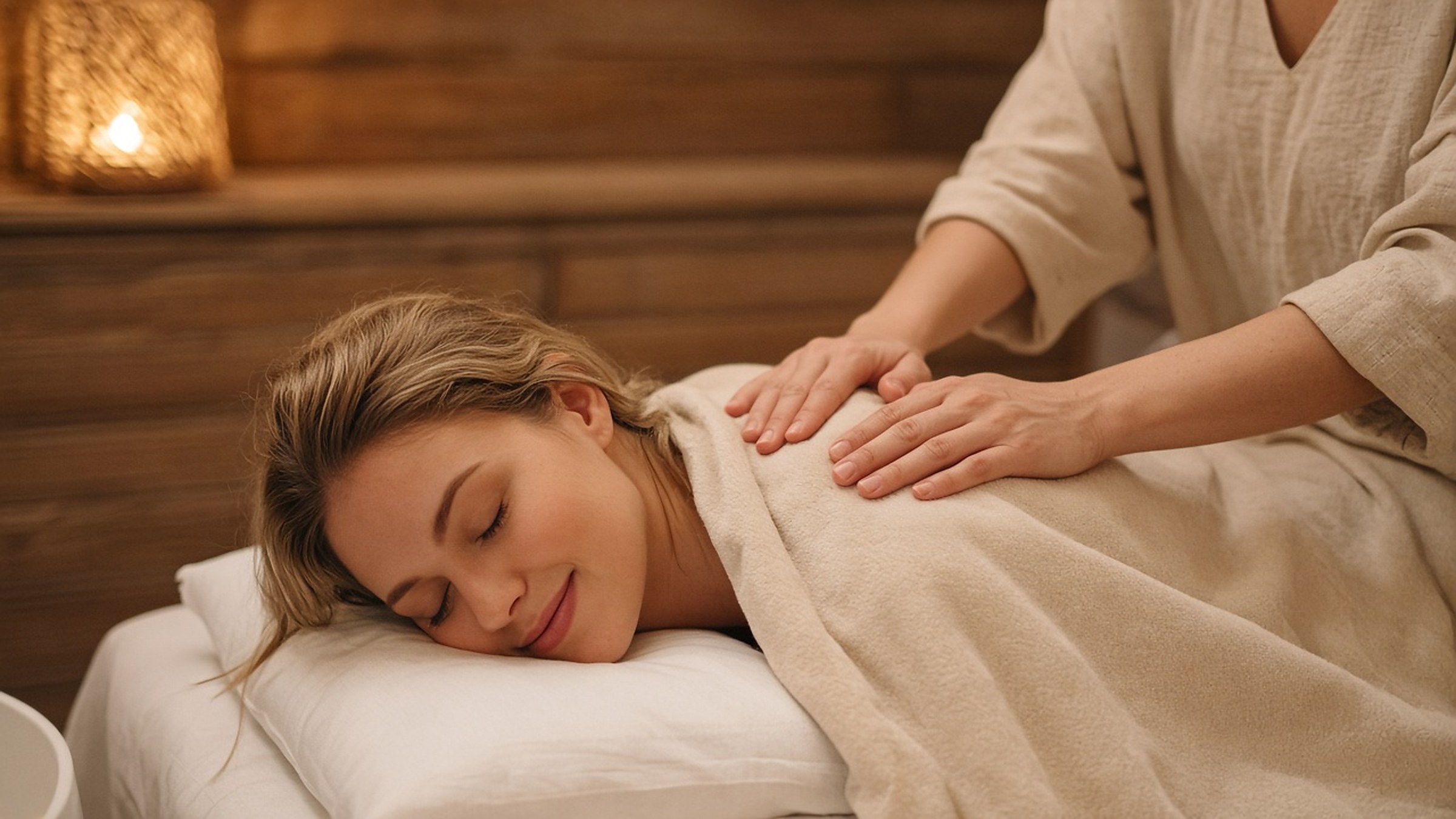 Guest resting with eyes closed as a therapist's hands rest on her draped shoulders.
